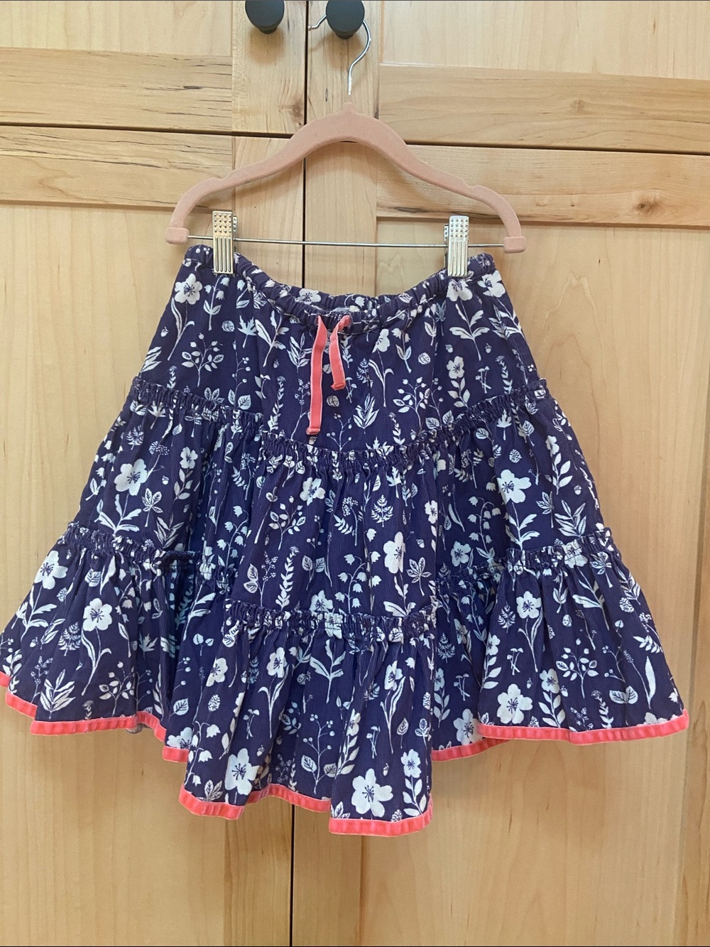 Mini BODEN Girls purple Floral Tiered corduroy Skirt with Coral Trim